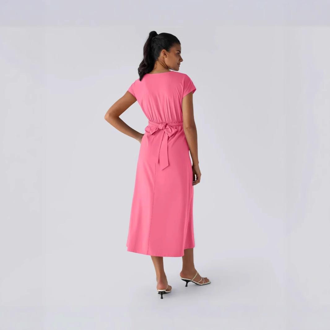 Solid Color Overlapping V-neck Short Sleeve Side Pocket Lace-up Quick-drying Mid-length Casual Dress