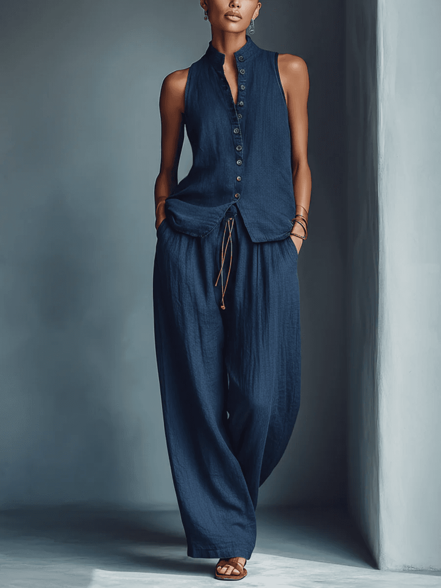 Sleeveless Button-Down Top & Drawstring Wide Leg Pants Set