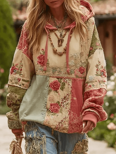 Vintage Hooded Jacket Versatile Lace-up Printed Sweatshirt