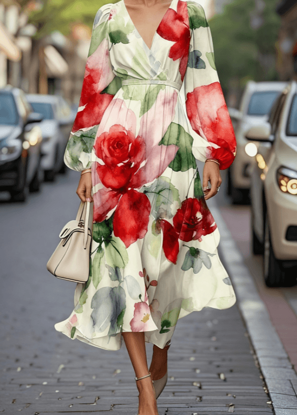 Floral Print V-neck Women's Puff Sleeve Midi Dress