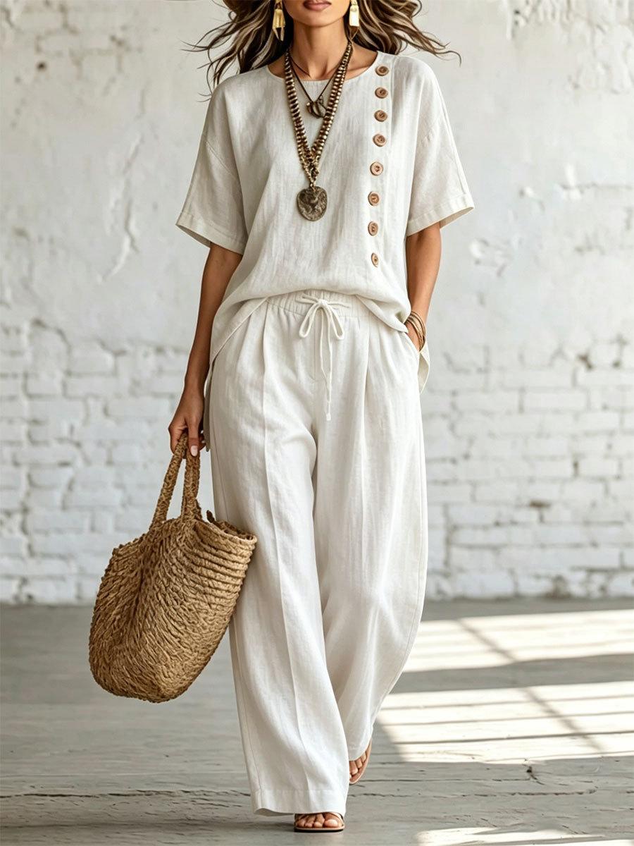Womens Relaxed-fit Short-sleeve Top With Side-button Detailing And Wide-leg Pants Set