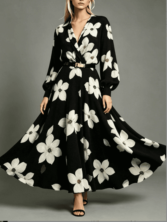 Black Background Large White Flower V-neck Waist Cinched Knitted Long Dress