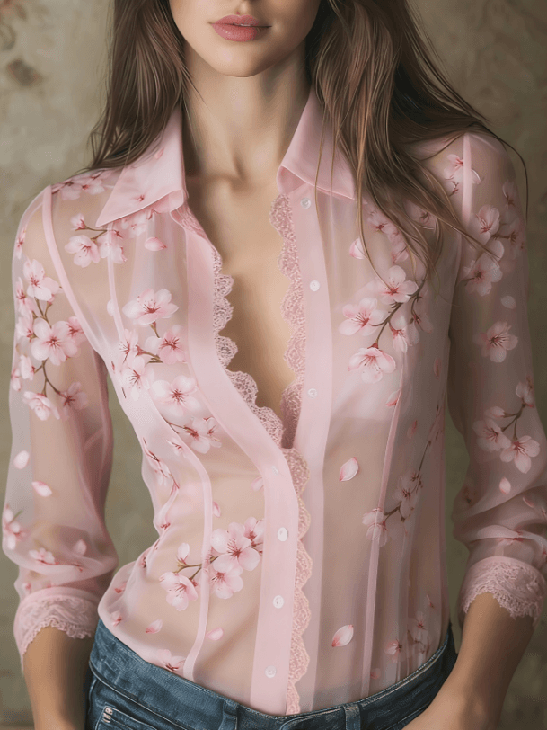 Lace V-neck Women's Long-sleeved Shirt