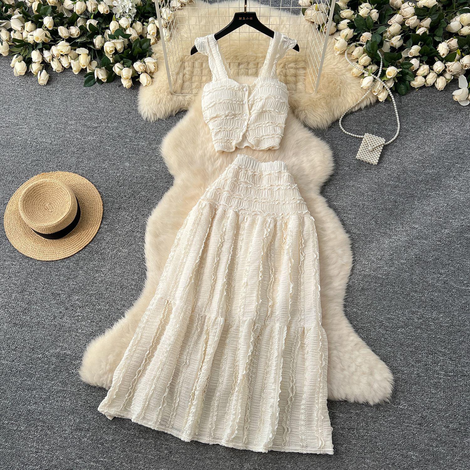 Suspender Top High Waist Crimp Skirt Two-piece Suit