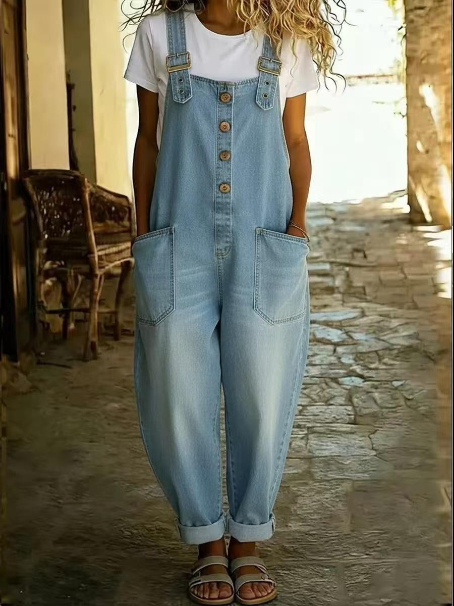 Large-size Lady's Washed Denim One-piece Drawstring Pants