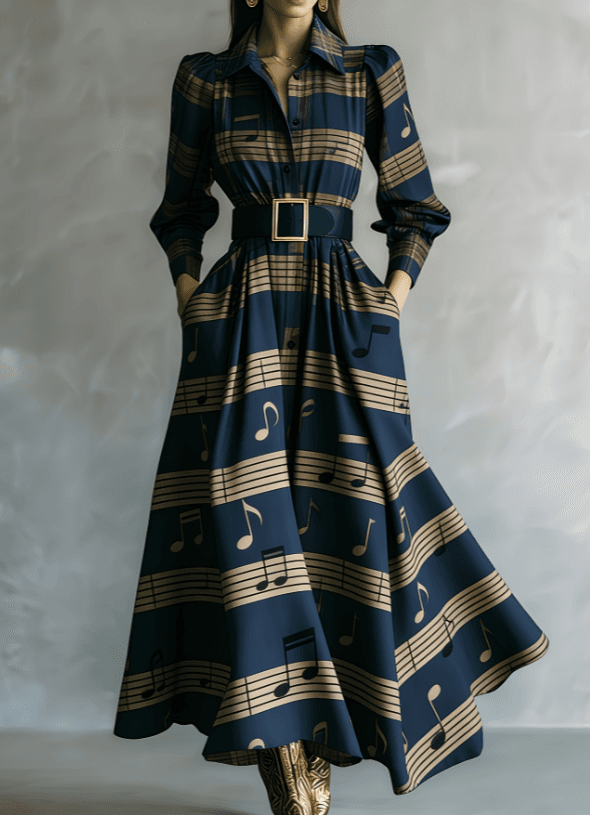 Waist-cinching Shirt Collar Casual Long Dress
