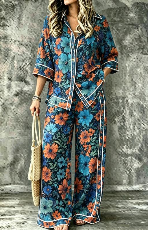 Spring Summer Womens Shirt Set With Digital Print