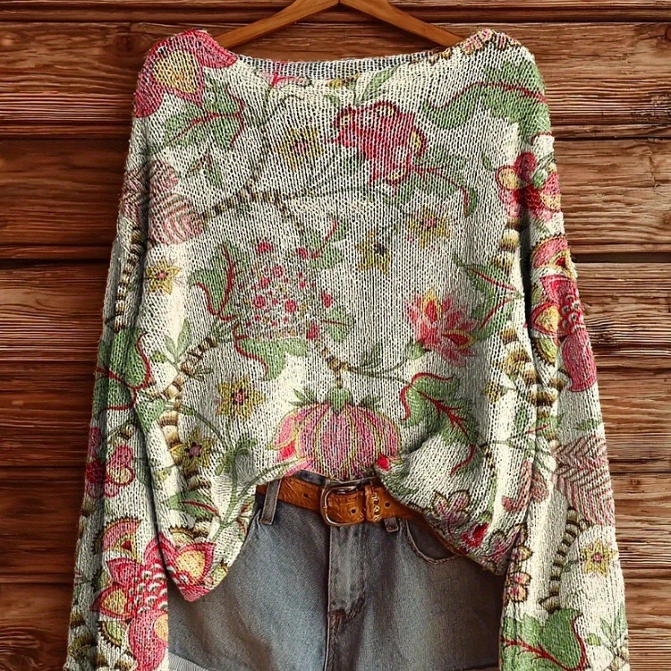 Women's Bohemian Vintage Floral Sweater - Oversized Crew Neck Warm Winter Pullover With Multicolor Floral Print