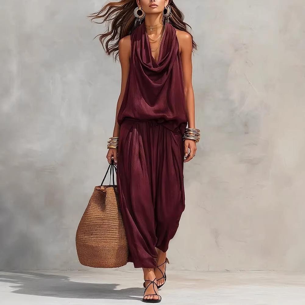 Womens Draped-Neck Vest And Casual Pants Set