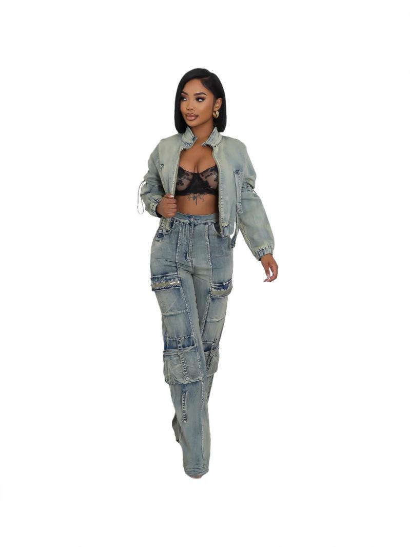 Fashionable And Sexy Washed Denim Jacket And Pants Set
