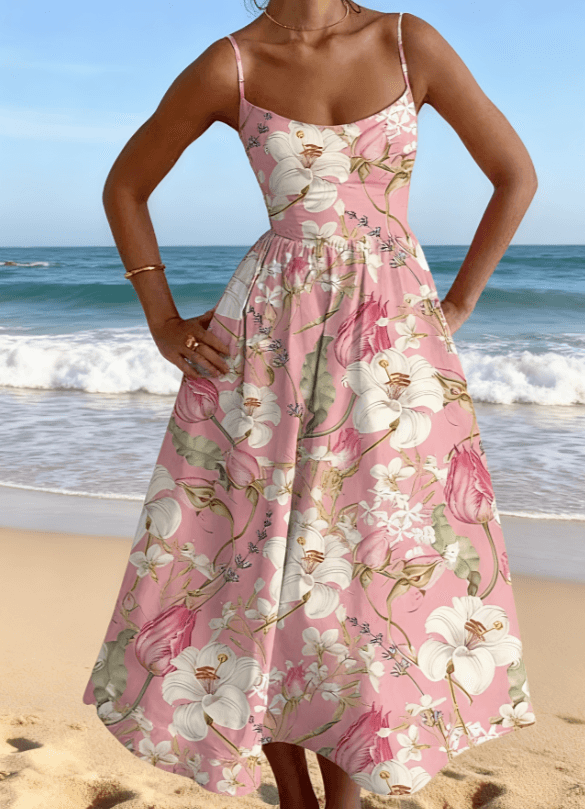 Resort-style Floral Print Sundress With Fitted Waist And Full Skirt For Women