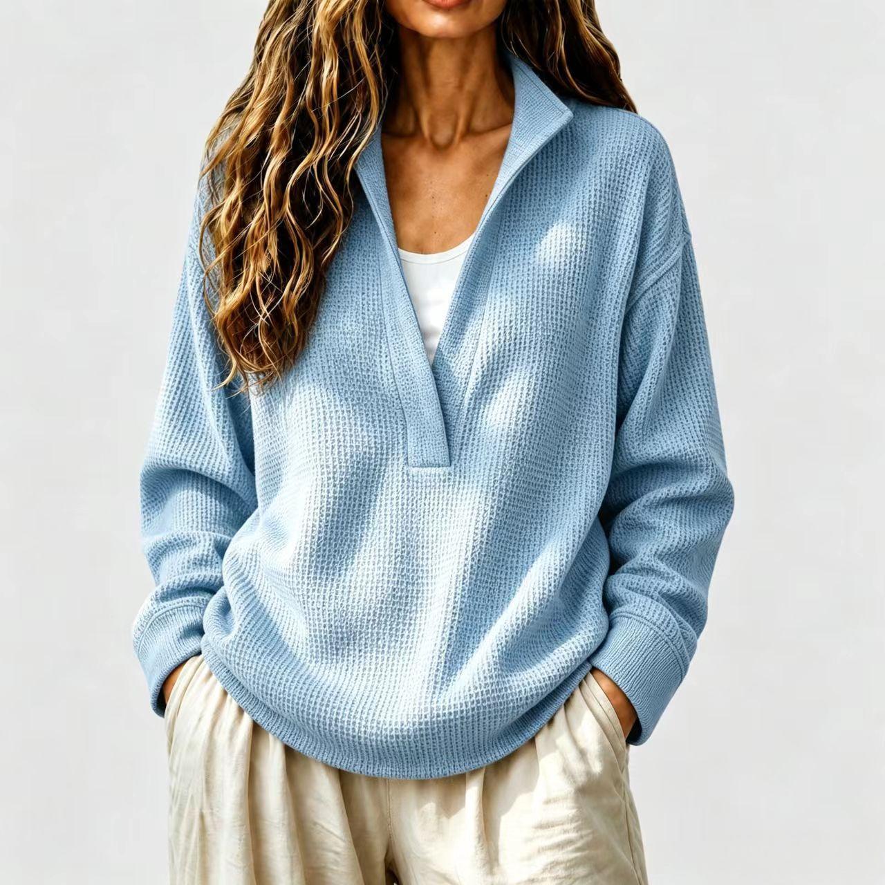 Womens Solid-color Long-sleeve Casual Loose-fitting Top