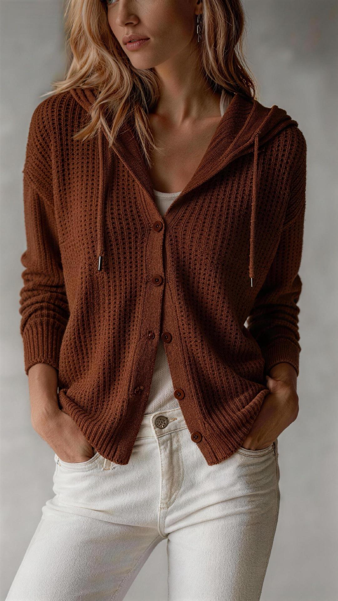 Hooded Knitted Cardigan Womens Loose-Fit Coat