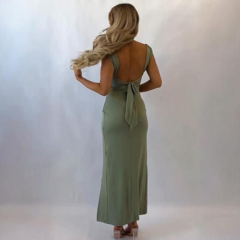 Square Collar Sexy Slit Solid Color Elegant Tied Dress