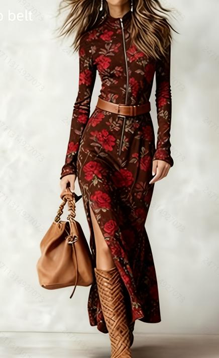 Plaid Zipper Waist-cinching Casual Long-Sleeved Dress