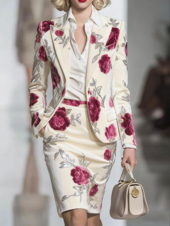 Elegant Velvet Printed Suit And Pencil Skirt Set