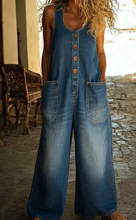 Retro Wide-leg Strap Womens Sleeveless Pocket Denim Jumpsuit