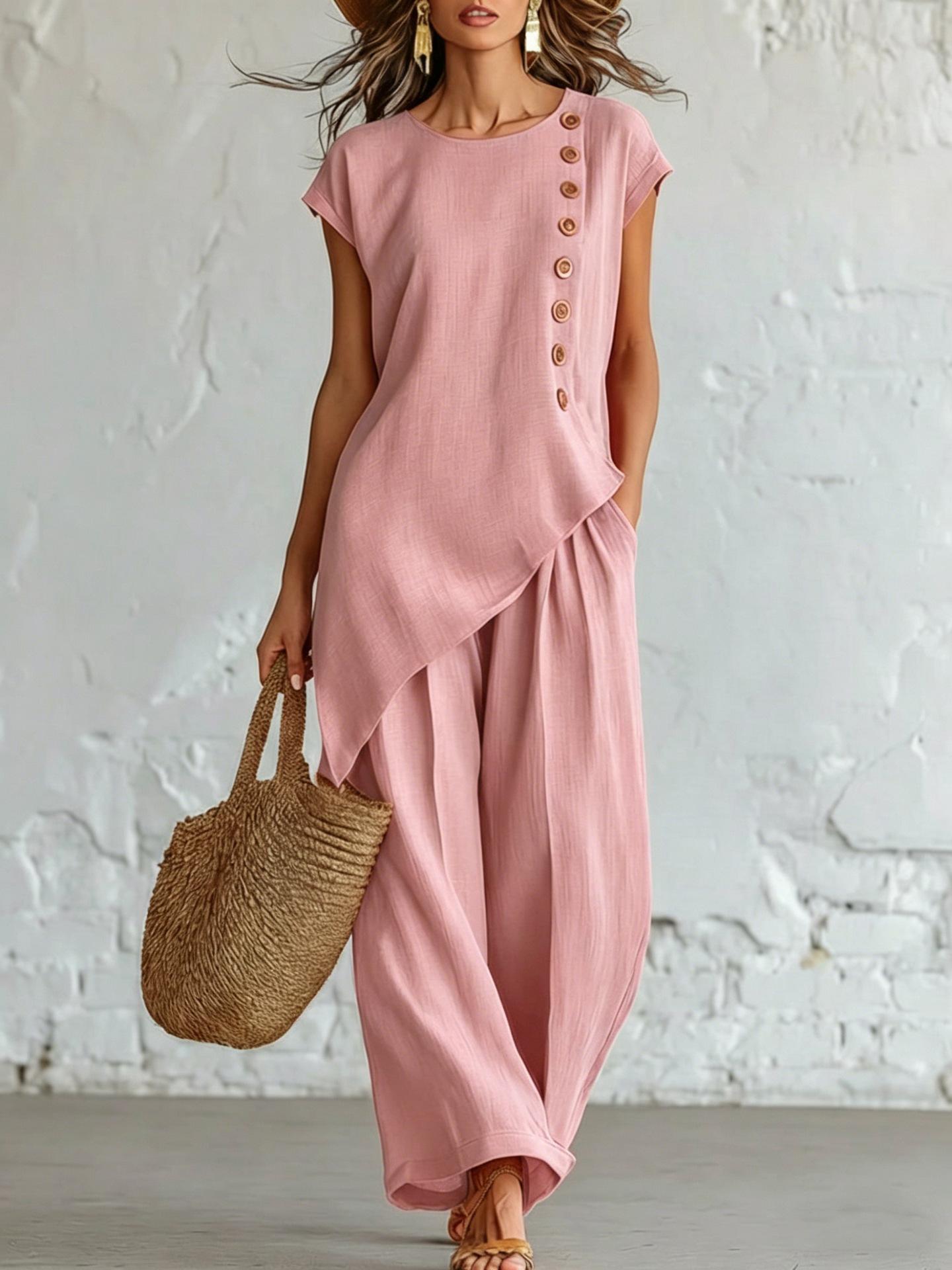 Womens Solid-Color Crew-Neck Buttoned Short-Sleeve Wide-Leg Pants Set