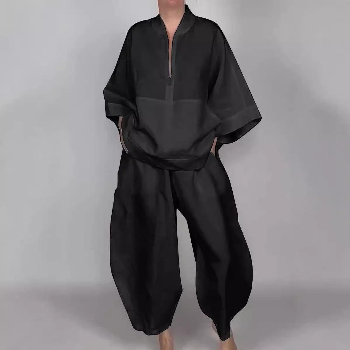 Loose Casual Pocket Half Zipper Top Bud-shaped Pants Suit