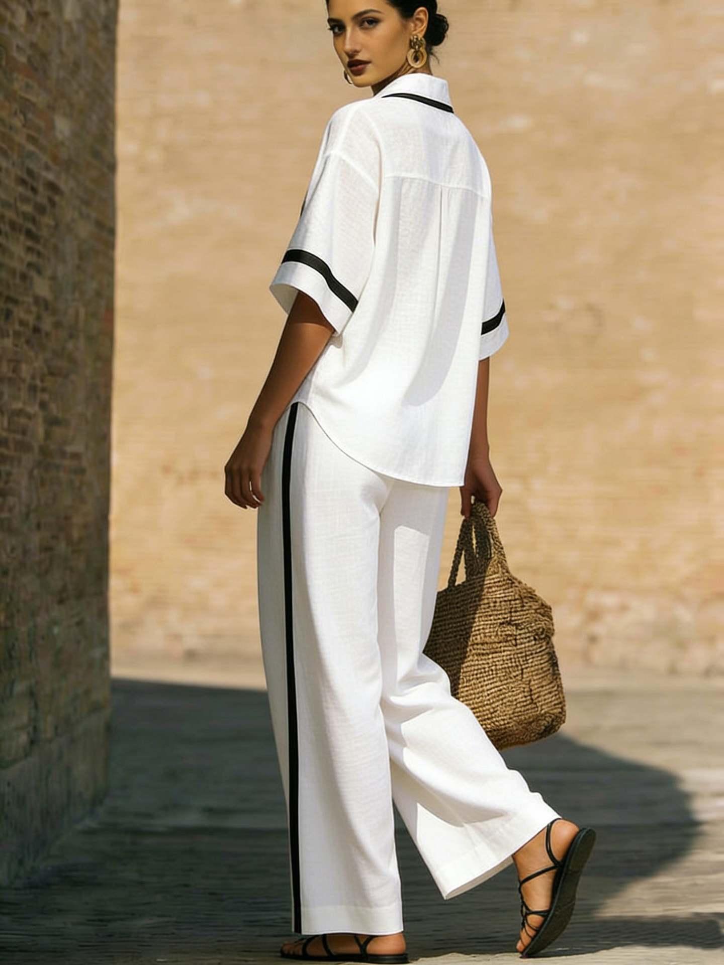Color Block Short Sleeve Top And Wide Leg Pants Two Piece Set - Casual Summer Loose Fit Matching Outfit For Women Daily Wear