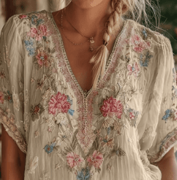 V-neck Elegant And Retro-style Short-sleeved Top For Women