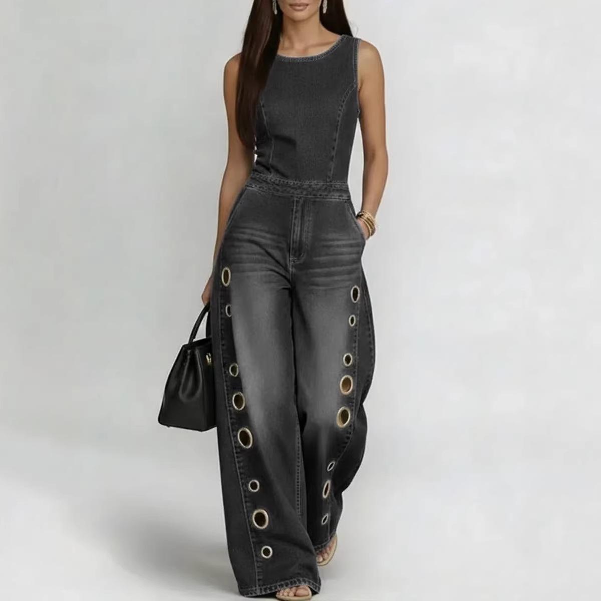 High-waisted Loose-fit Cutout Metal-detail Denim Jumpsuit