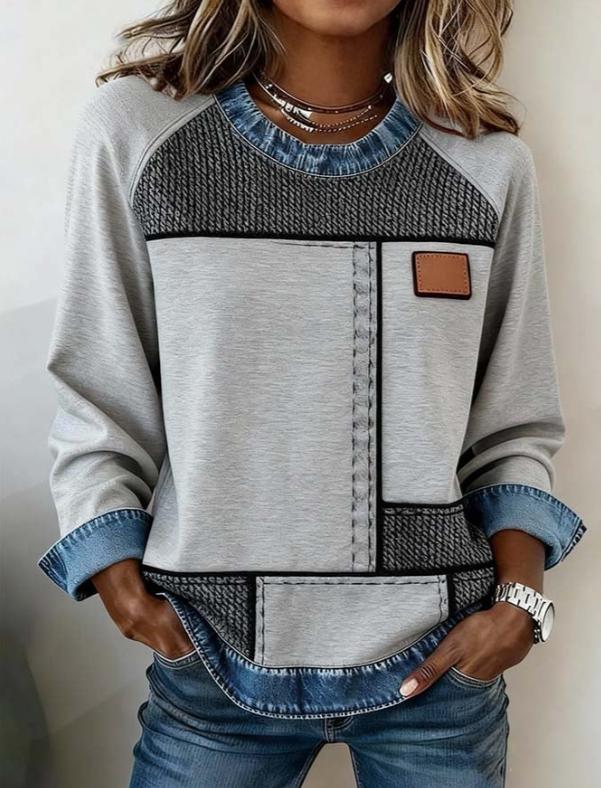 Denim Patchwork Crew Neck Casual Top