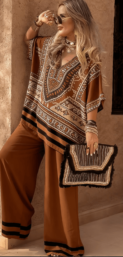 Tropical Resort Style Floral Print Loose Wide-leg Pants Suit For Women