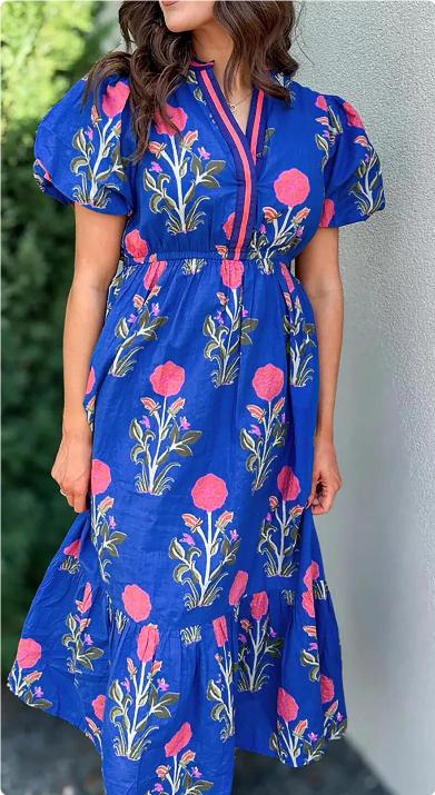 Sky Blue Flower Puff Sleeve Short Sleeve V-neck High Waist Dress