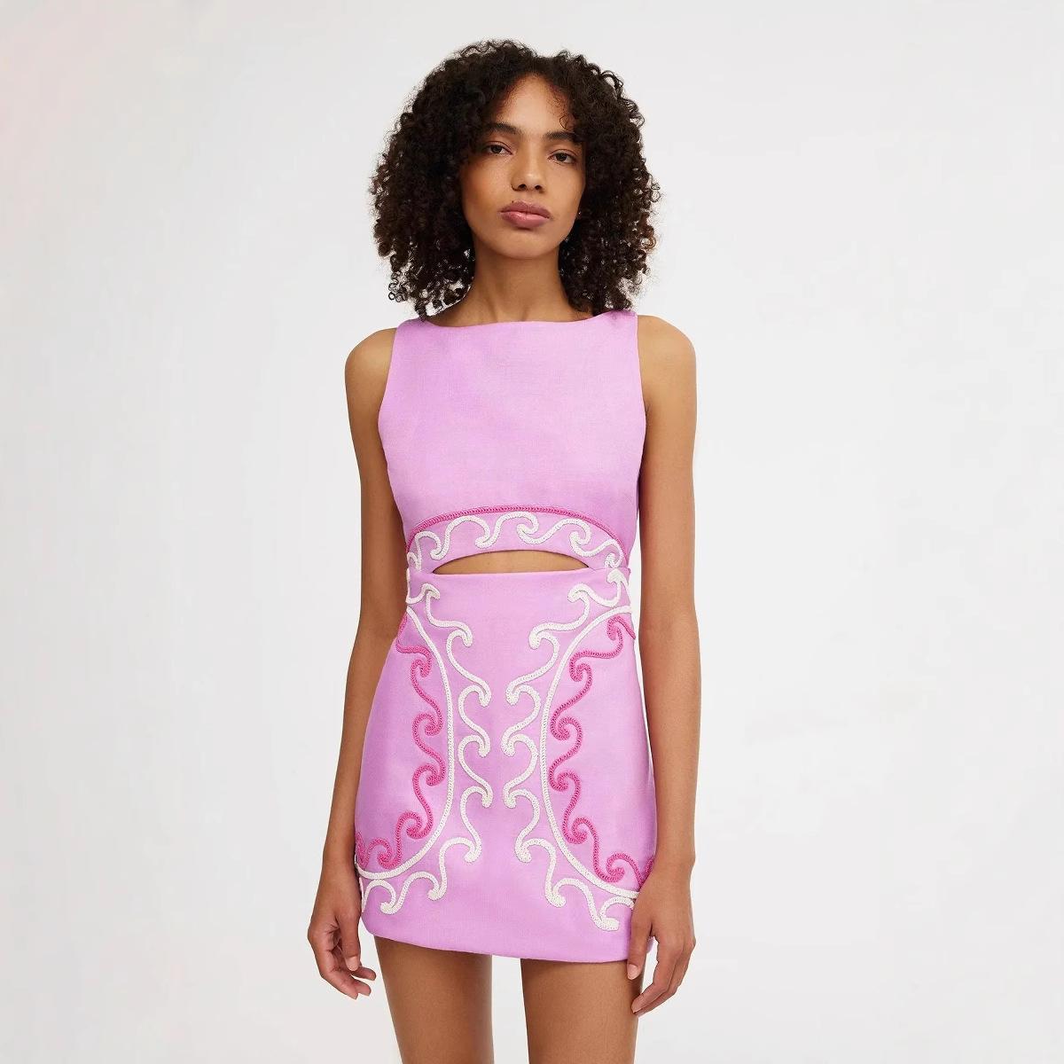 Summer Women's Sleeveless Slim-fit Embroidered Pink Dress