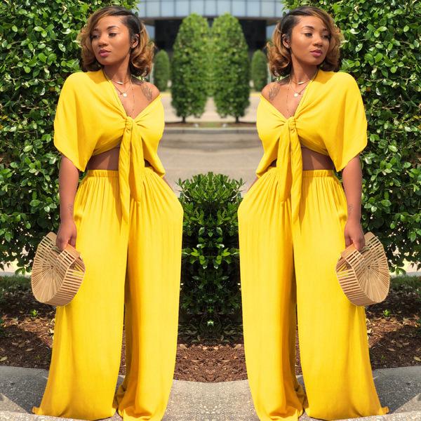 Deep-V Casual Wide-leg Pants Set For Women