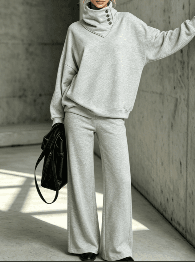 Asymmetric Button Turtleneck Oversized Sweatshirt And High Waist Wide Leg Sweatpants Two Piece Loungewear Set