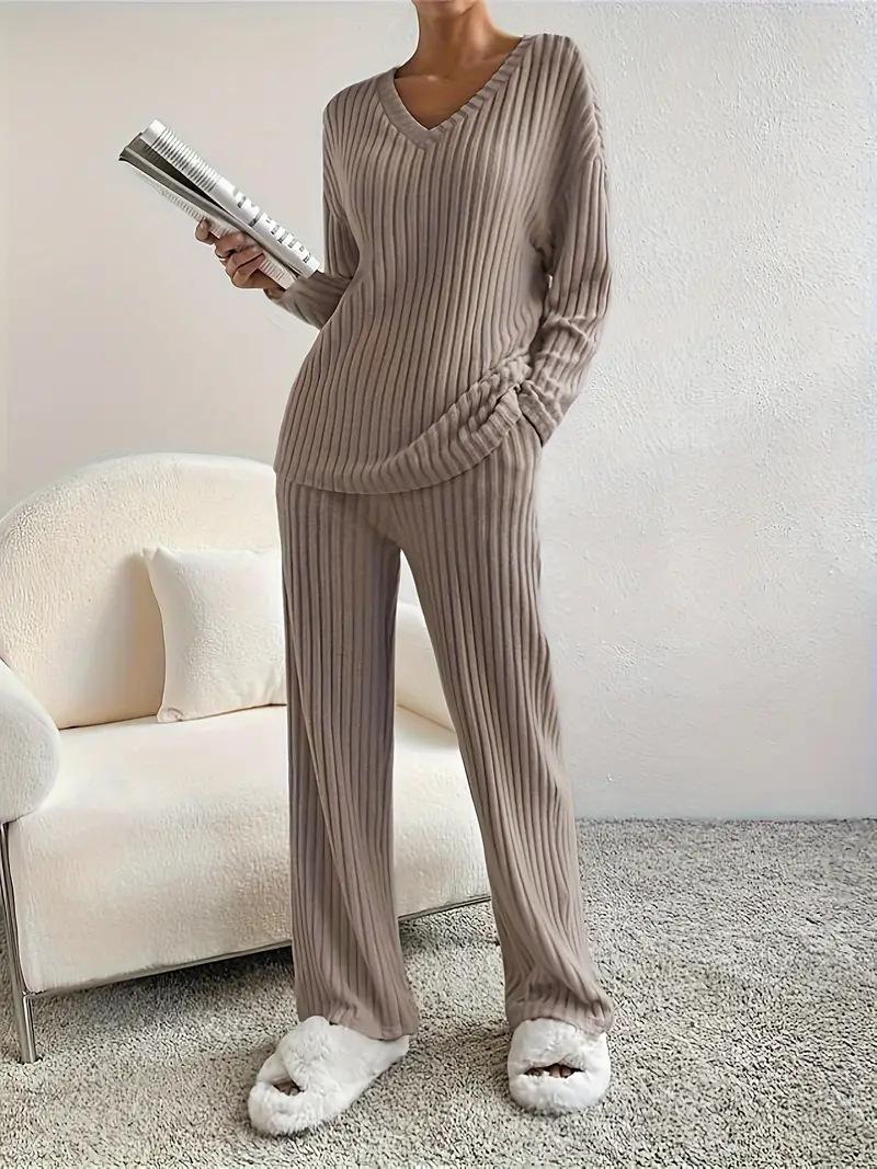 Straight-leg Pants With A Loose And Elegant V-neck Ribbed Two-piece Set