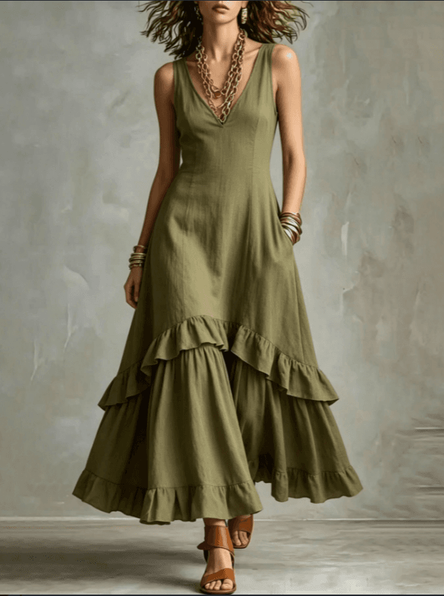 Sleeveless Deep V Linen Blend Asymmetric Ruffle Tiered Maxi Dress