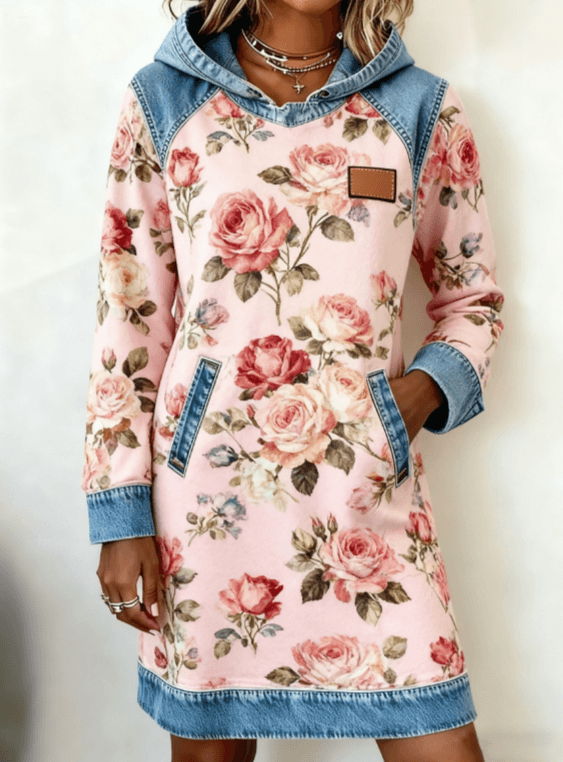 Casual Hooded Denim Color-block Loose Women's Long-sleeved Mid-length Sweatshirt Dress