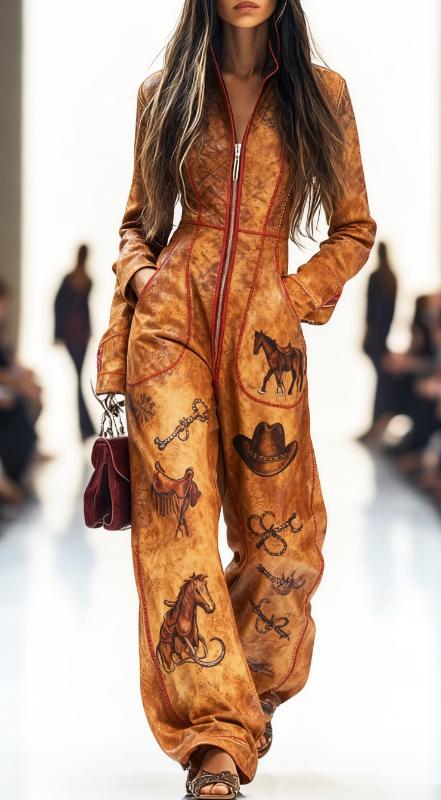 Zippered Long-sleeved Casual Wide-leg Jumpsuit