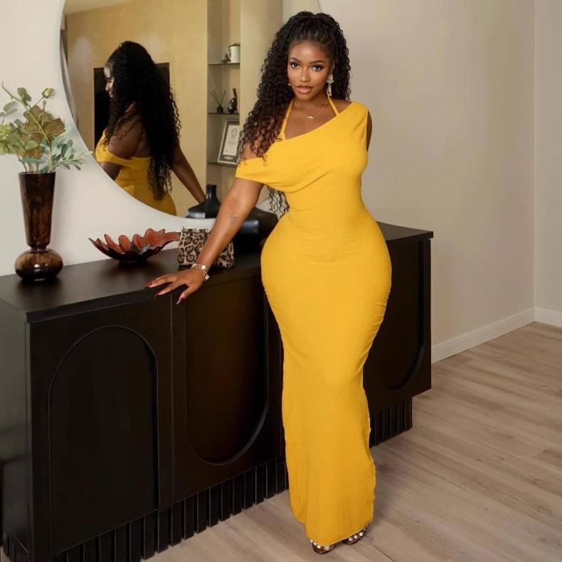 Fashion Sexy Slant Neck Backless Dress Women