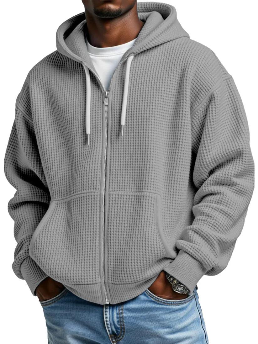 Mens Solid Color Loose-Fit Hooded Zip Up Waffle Weave Drop Shoulder Sweatshirt