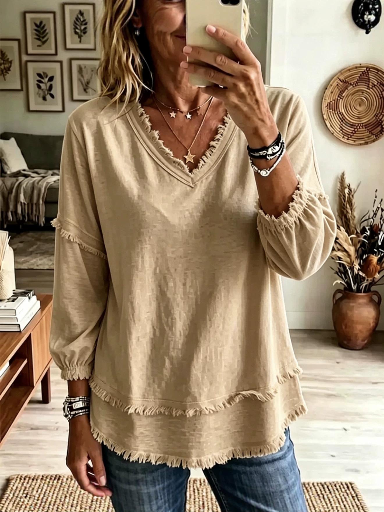 Women's Fashion Long Sleeve Top - Casual Loose Fit Blouse For Daily Wear