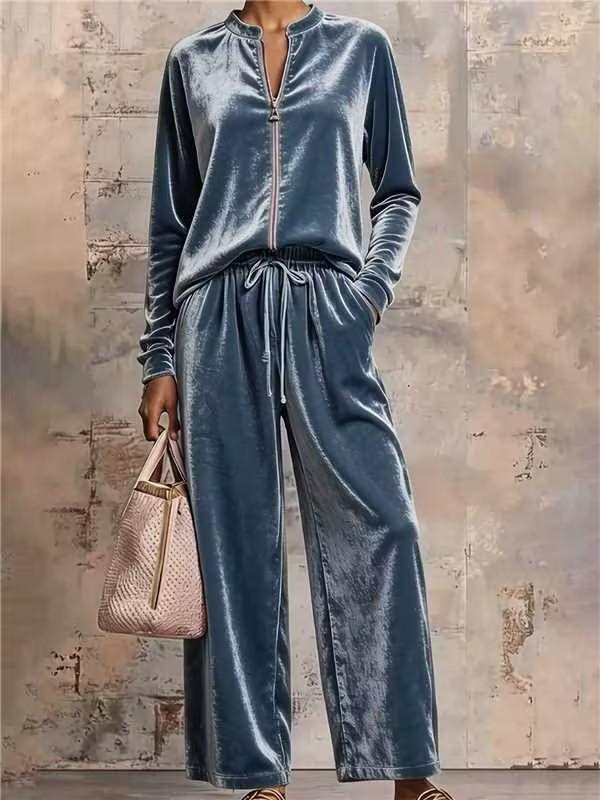 Velvet Hoodie Jacket & High Waist Wide Leg Pants Women's Outfit With Drapey Fabric