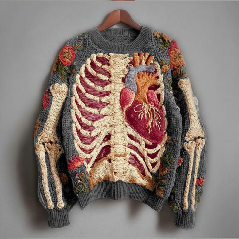 Womens 3D Digital Print Crew-Neck Loose Sweater