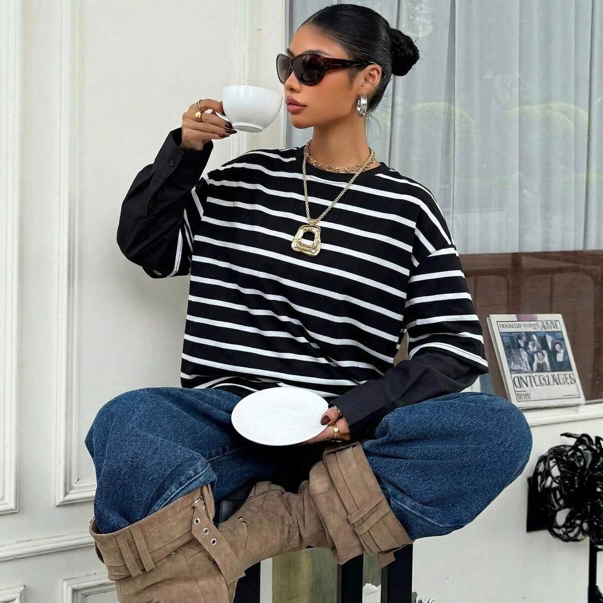 Womens Round-neck Striped Loose-fit Mock Two-piece Hoodie