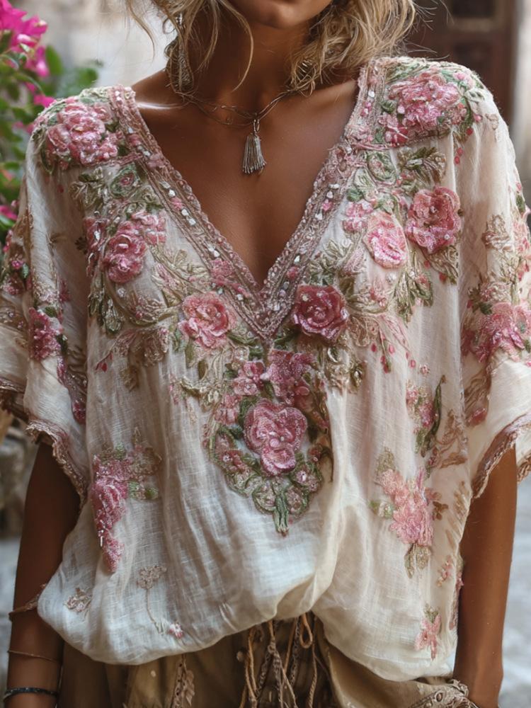 V-neck Elegant Artistic And Retro-style Short-sleeve Top For Women