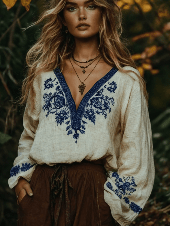 Retro Floral Print V-neck T-shirt