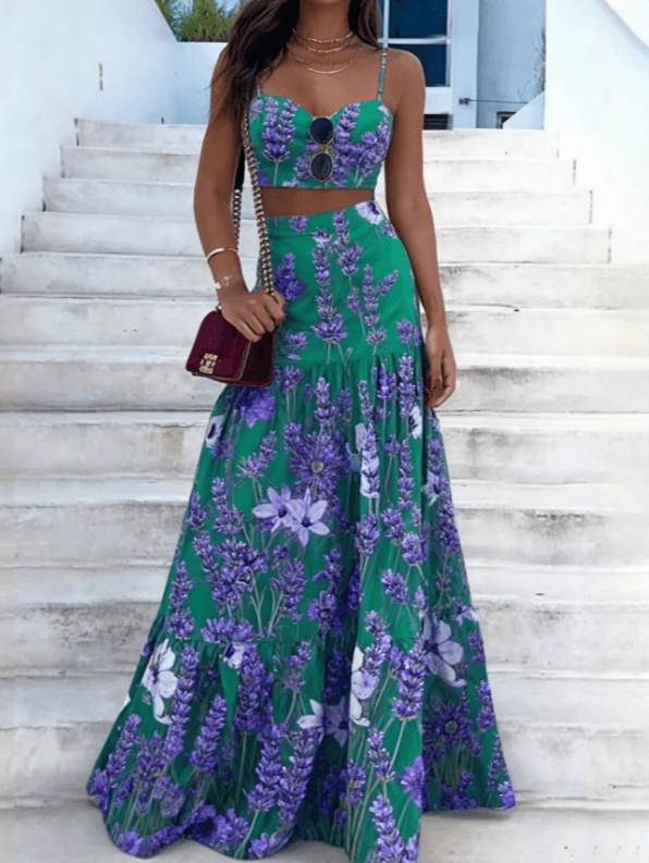 French Romantic Style Floral Print Camisole Crop Top And High-waisted Maxi Skirt Set For Women