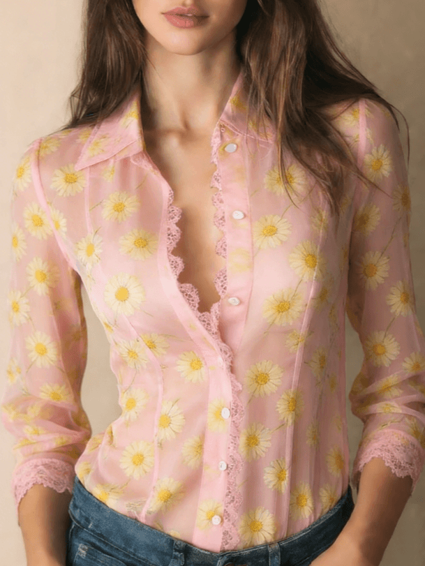 Lace V-neck Women's Long-sleeved Shirt
