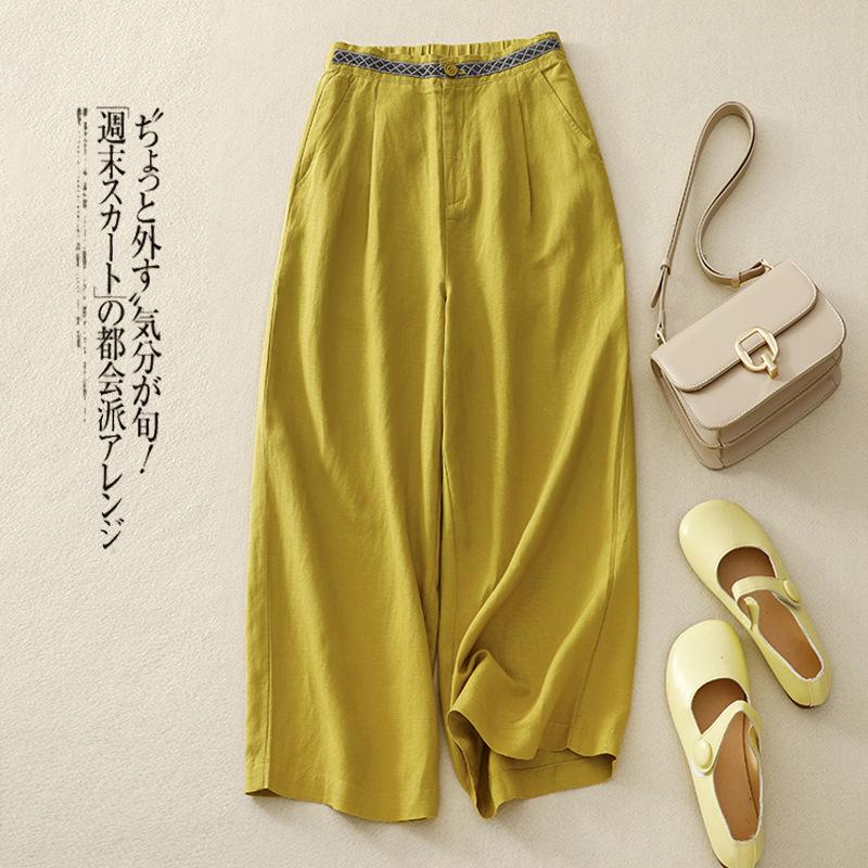 Womens Casual Cotton-Linen Artistic Wide-Leg Pants