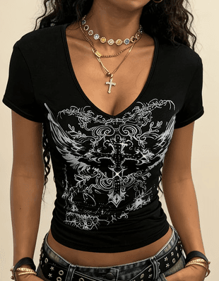 Women's Y2K Retro Cross Pattern V-Neck Slim Fit Short-Sleeve T-Shirt