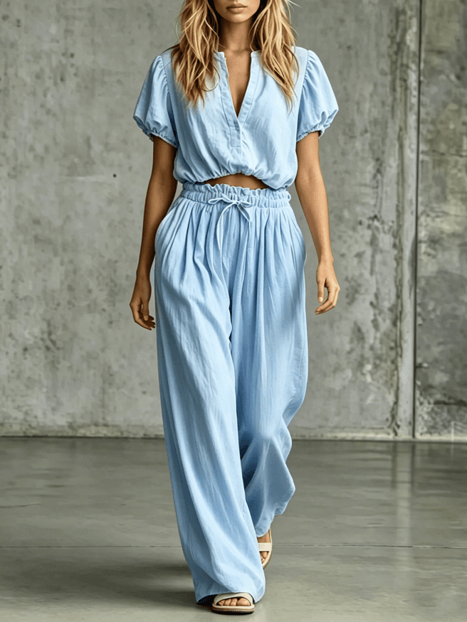 2026 New Light Blue Bubble Sleeve V-neck Short Top Elastic Waist Wide Leg Pants Set