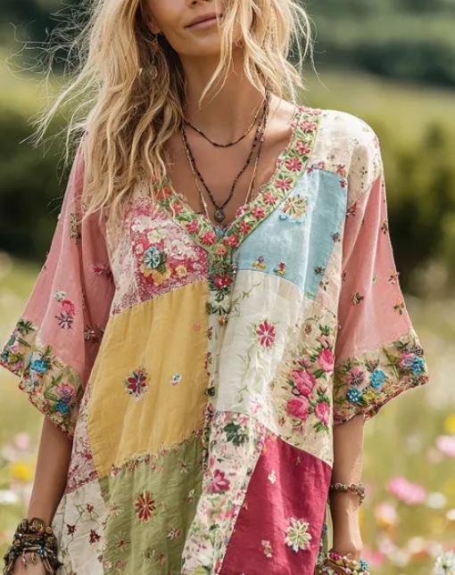 Retro Color-blocked Casual V-neck Mid-sleeve Top